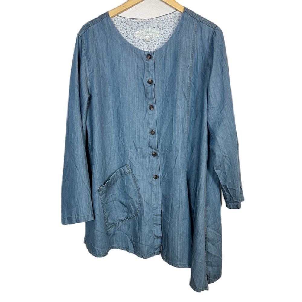 Citron‎ Bleu Chambray Blue Asymmetrical Hem Button Down Blouse Women’s XL